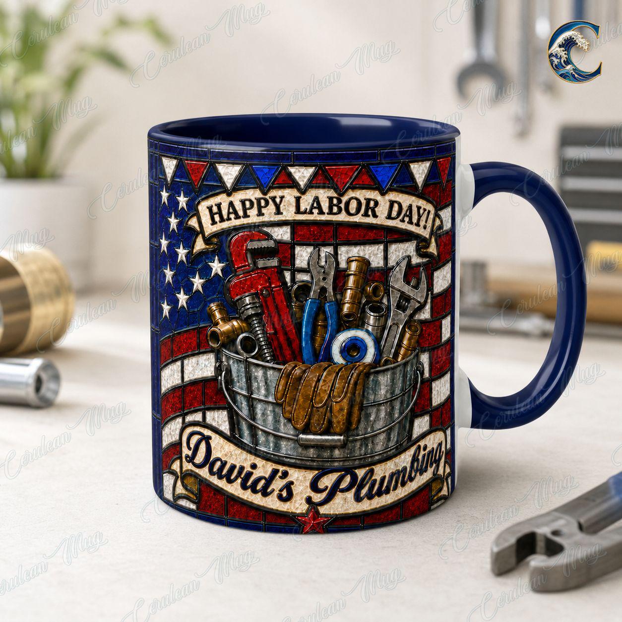 Personalized Plumber Name Mug, Custom Business Name Coffee Mug, Happy Labor Day Mug, American Flag Tools Mug, Plumber Gift