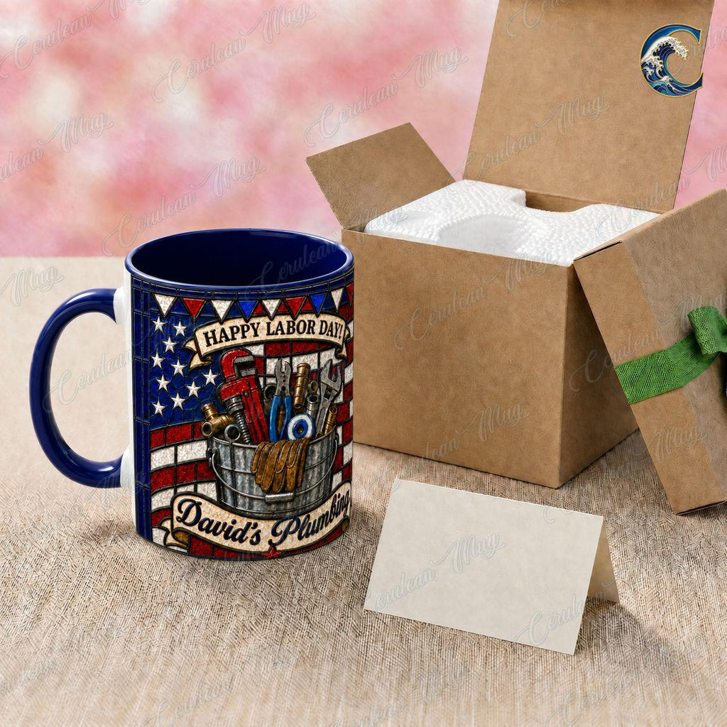 Personalized Plumber Name Mug, Custom Business Name Coffee Mug, Happy Labor Day Mug, American Flag Tools Mug, Plumber Gift