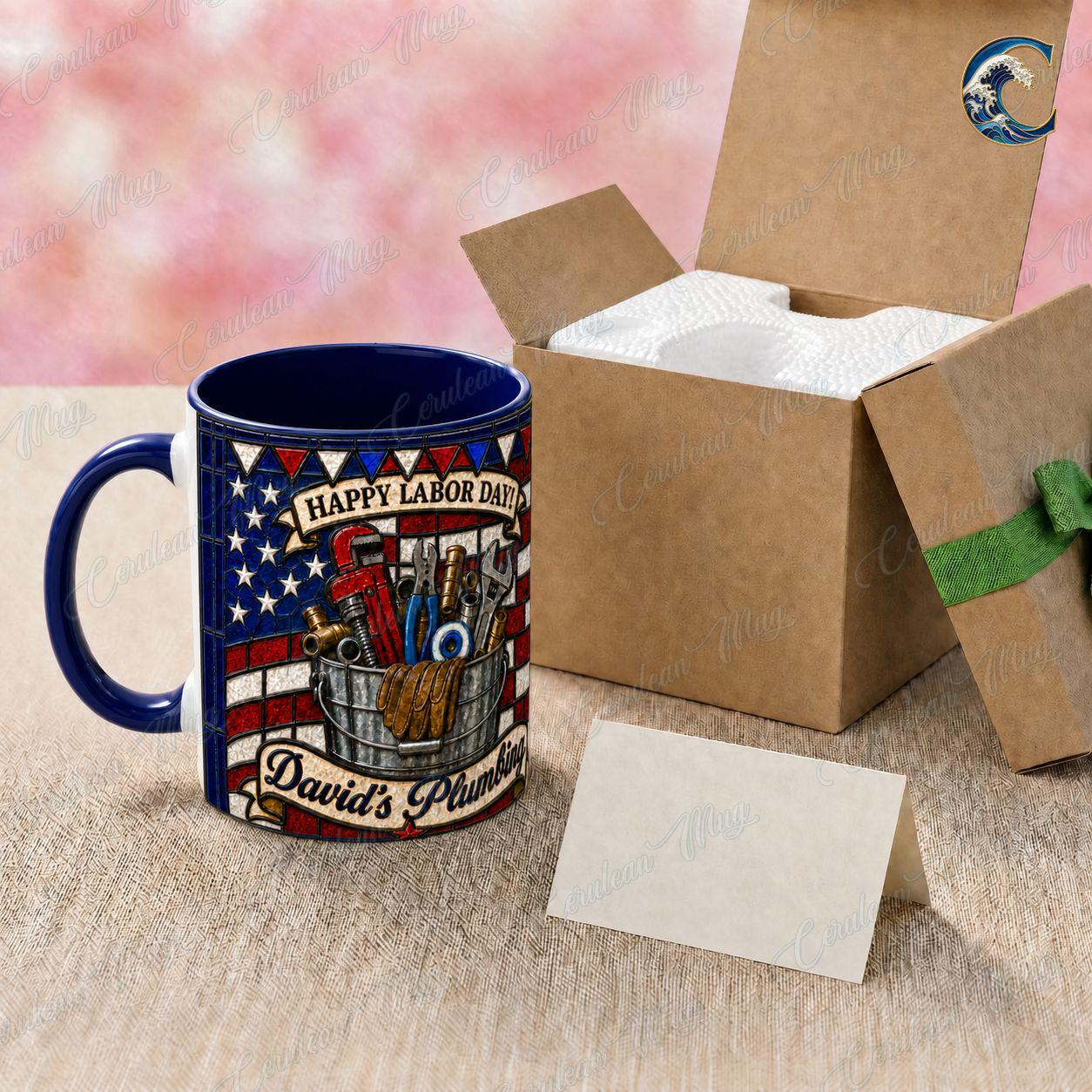 Personalized Plumber Name Mug, Custom Business Name Coffee Mug, Happy Labor Day Mug, American Flag Tools Mug, Plumber Gift