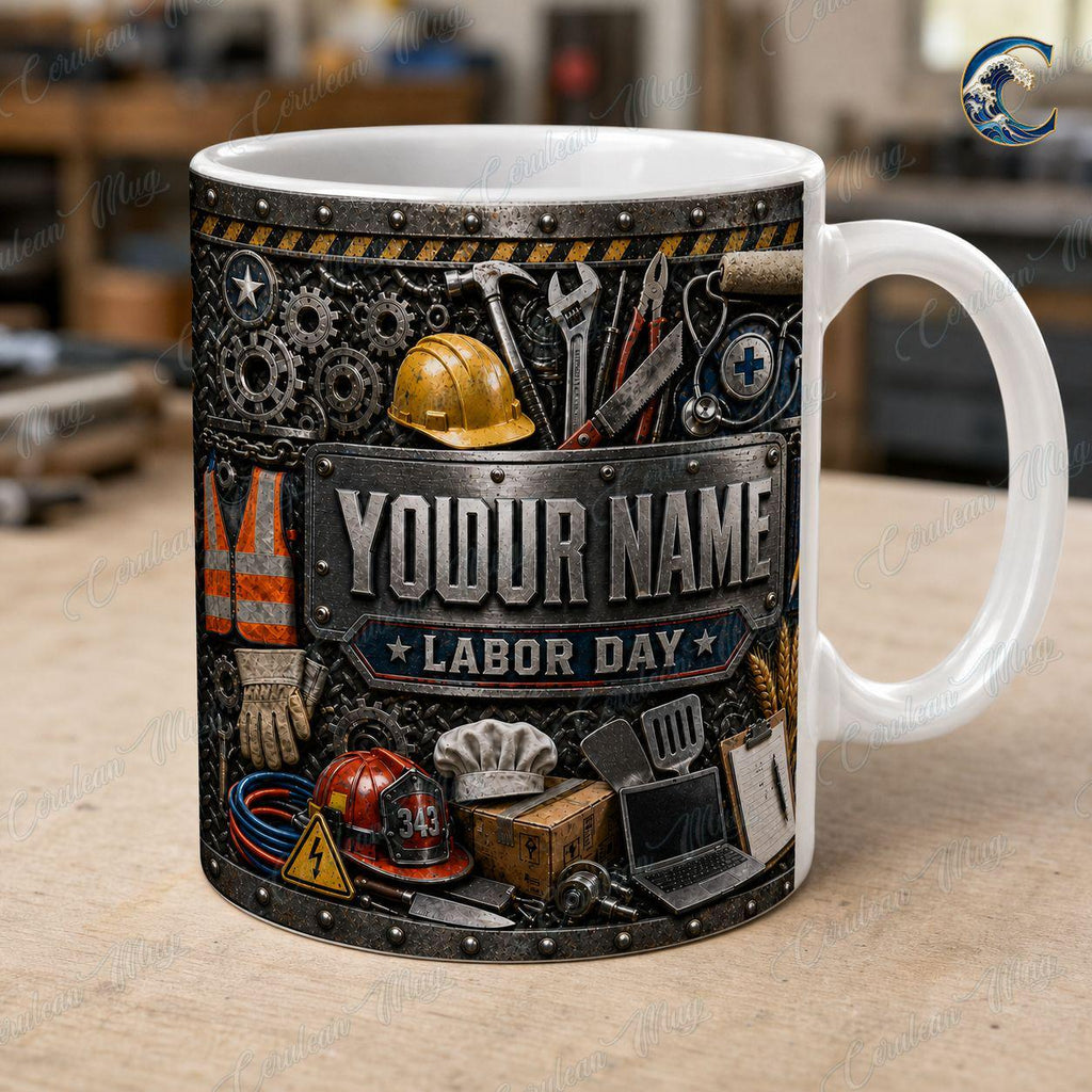 Custom Name Industrial Worker Mug, Multi Trade Labor Day Coffee Mug, Construction Helmet Mug, Professional Tools Mug, Honoring Workers Gift