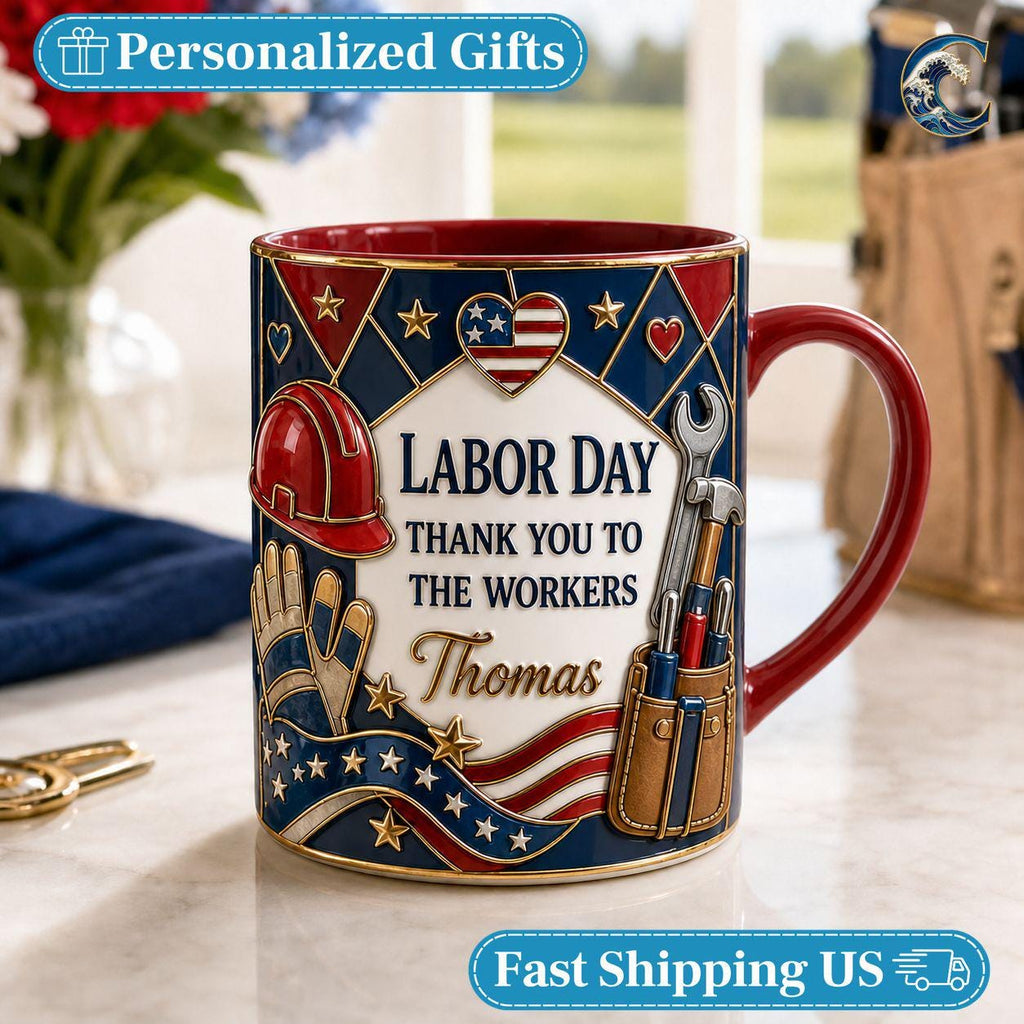 Personalized Name Workers Mug, Labor Day Thank You Workers Coffee Mug, Patriotic American Mug, Patriotic Wrench Mug, Hero Gift