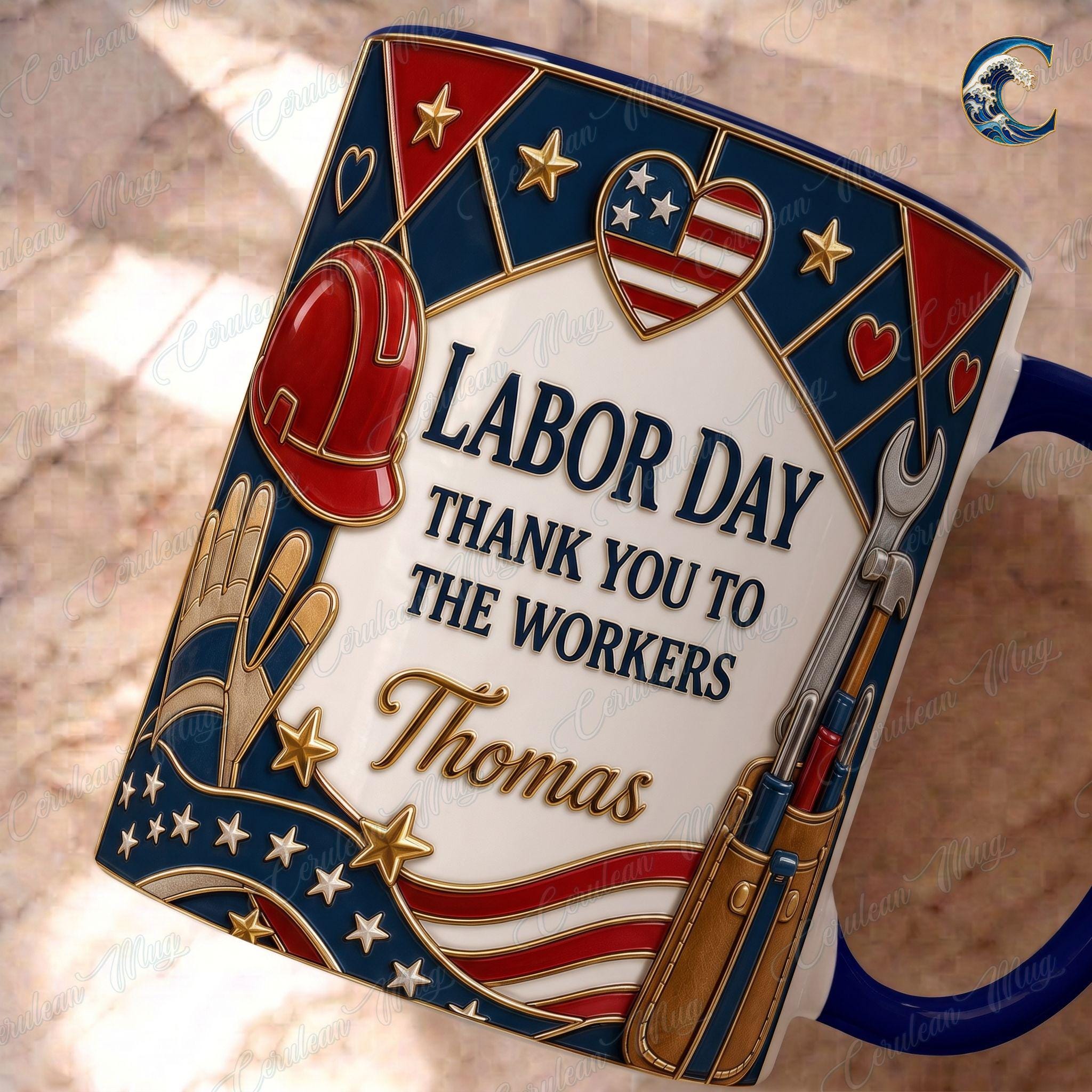 Personalized Name Workers Mug, Labor Day Thank You Workers Coffee Mug, Patriotic American Mug, Patriotic Wrench Mug, Hero Gift