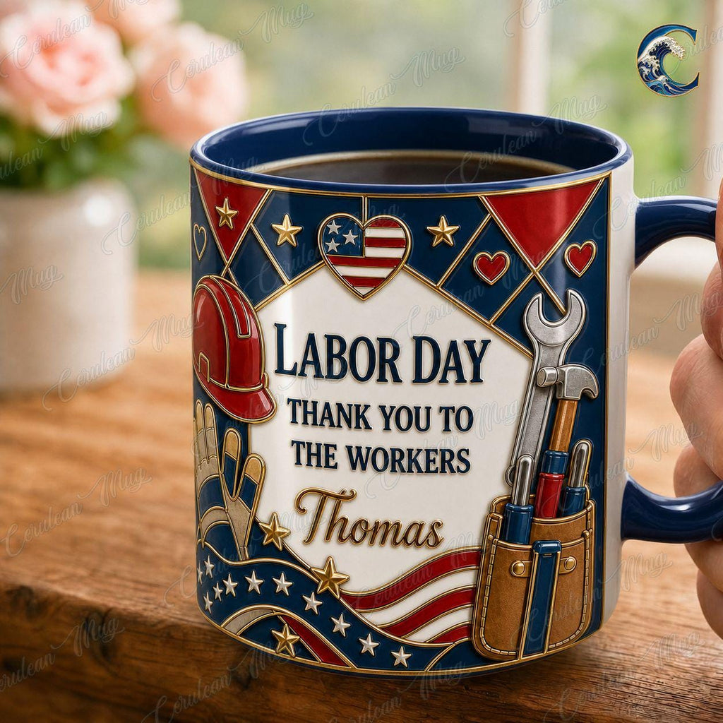 Personalized Name Workers Mug, Labor Day Thank You Workers Coffee Mug, Patriotic American Mug, Patriotic Wrench Mug, Hero Gift