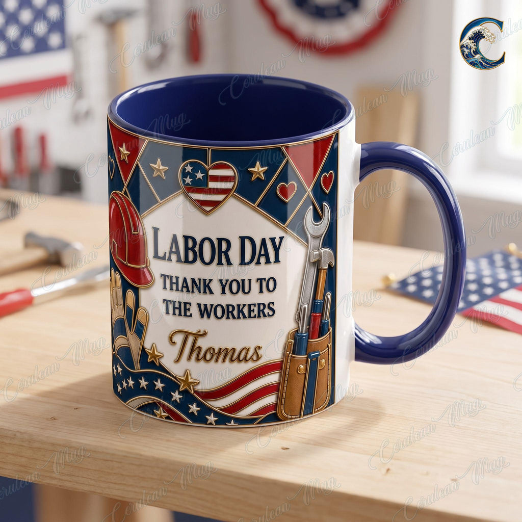 Personalized Name Workers Mug, Labor Day Thank You Workers Coffee Mug, Patriotic American Mug, Patriotic Wrench Mug, Hero Gift