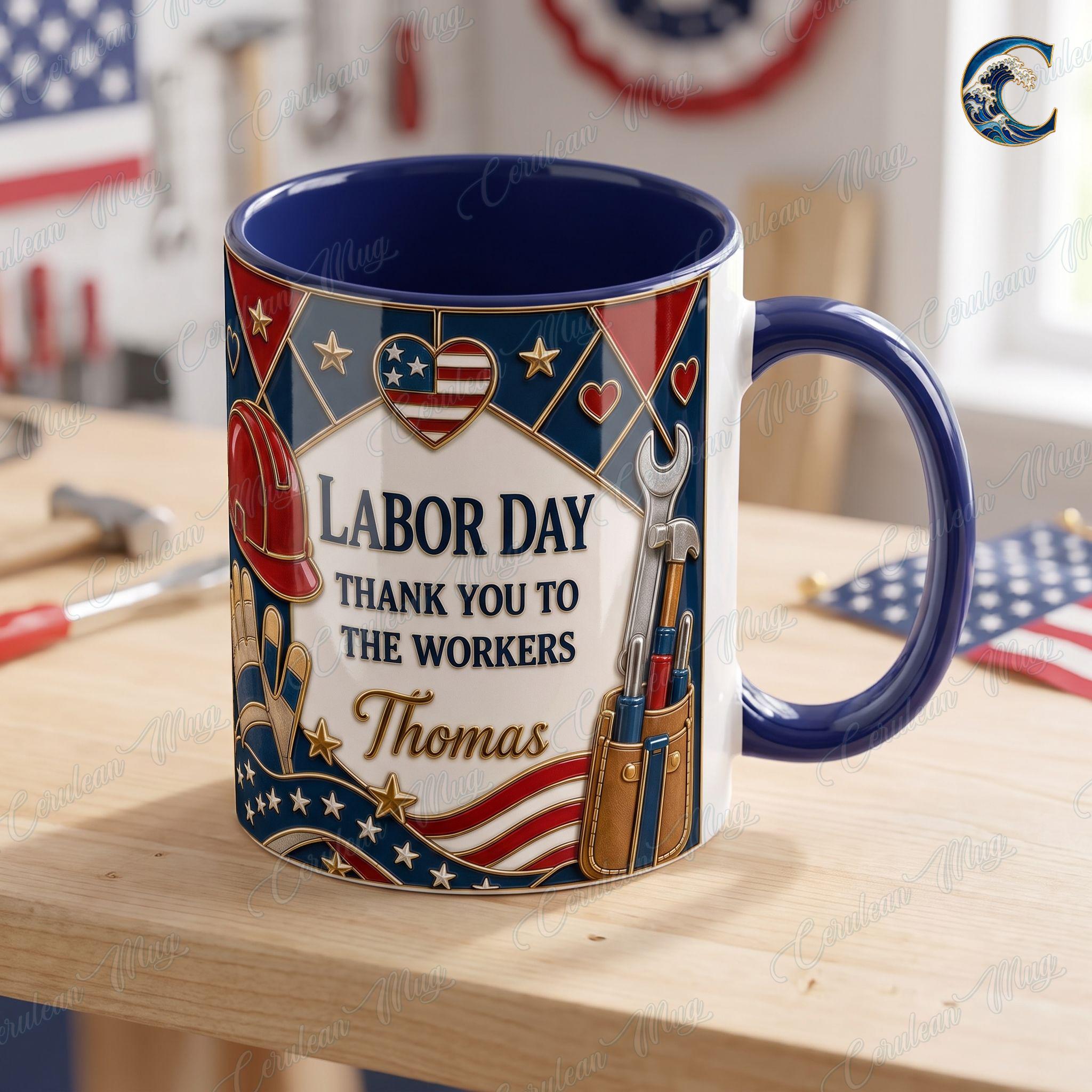 Personalized Name Workers Mug, Labor Day Thank You Workers Coffee Mug, Patriotic American Mug, Patriotic Wrench Mug, Hero Gift