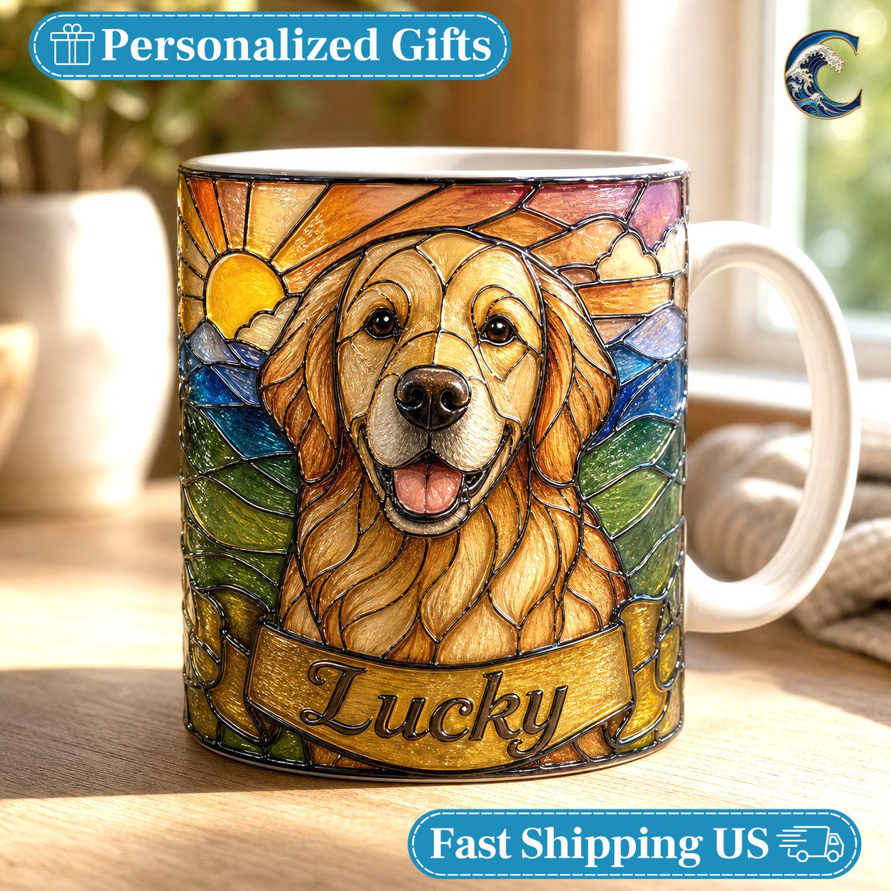 Personalized Dog Photo Name Mug, Retriever Stained Glass Coffee Mug, Dog Lover Stained Glass Mug, Pet Portrait Mug, Dog Breed Gift
