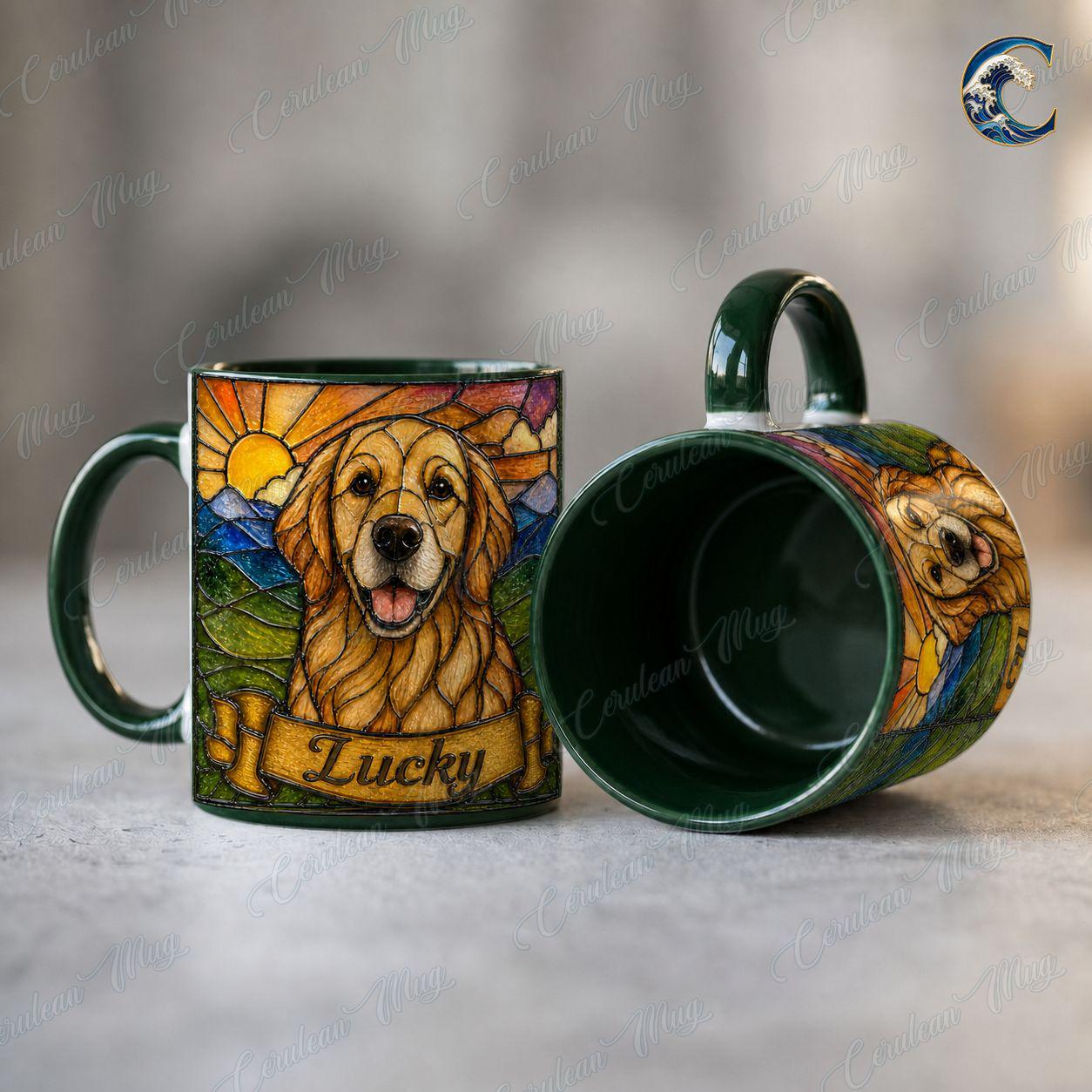 Personalized Dog Photo Name Mug, Retriever Stained Glass Coffee Mug, Dog Lover Stained Glass Mug, Pet Portrait Mug, Dog Breed Gift