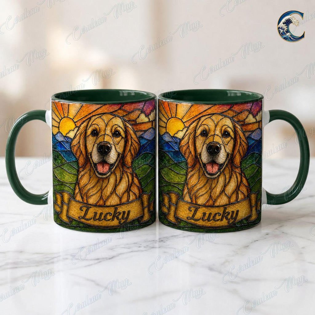Personalized Dog Photo Name Mug, Retriever Stained Glass Coffee Mug, Dog Lover Stained Glass Mug, Pet Portrait Mug, Dog Breed Gift