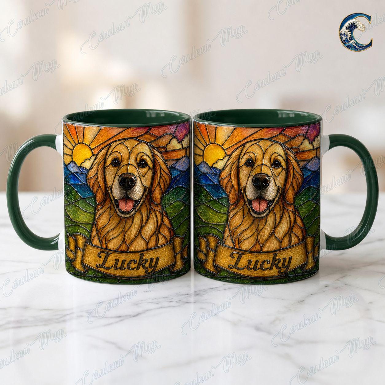 Personalized Dog Photo Name Mug, Retriever Stained Glass Coffee Mug, Dog Lover Stained Glass Mug, Pet Portrait Mug, Dog Breed Gift