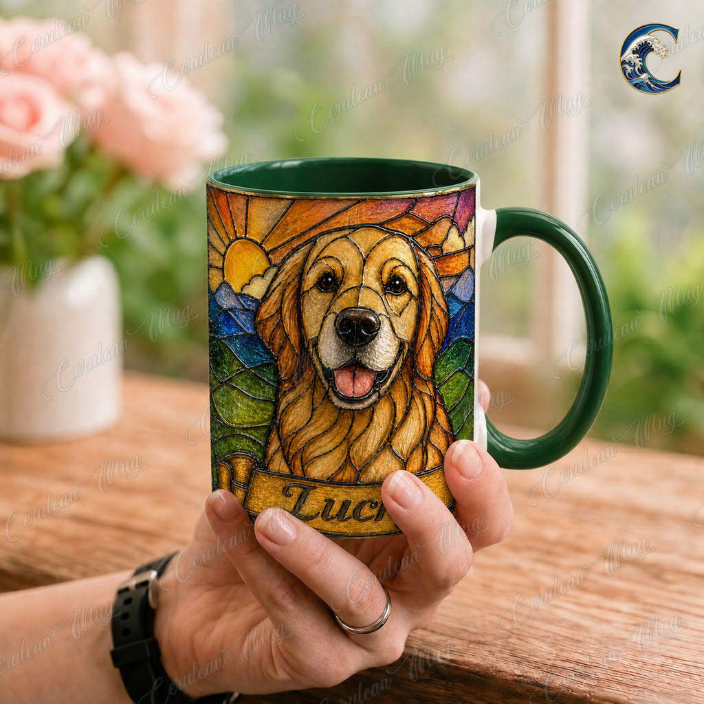 Personalized Dog Photo Name Mug, Retriever Stained Glass Coffee Mug, Dog Lover Stained Glass Mug, Pet Portrait Mug, Dog Breed Gift