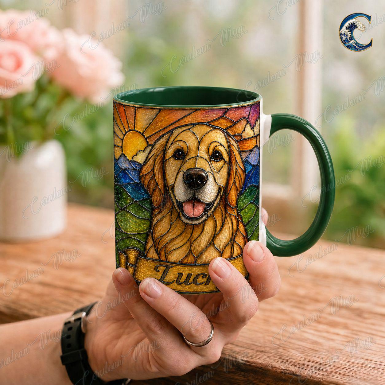 Personalized Dog Photo Name Mug, Retriever Stained Glass Coffee Mug, Dog Lover Stained Glass Mug, Pet Portrait Mug, Dog Breed Gift