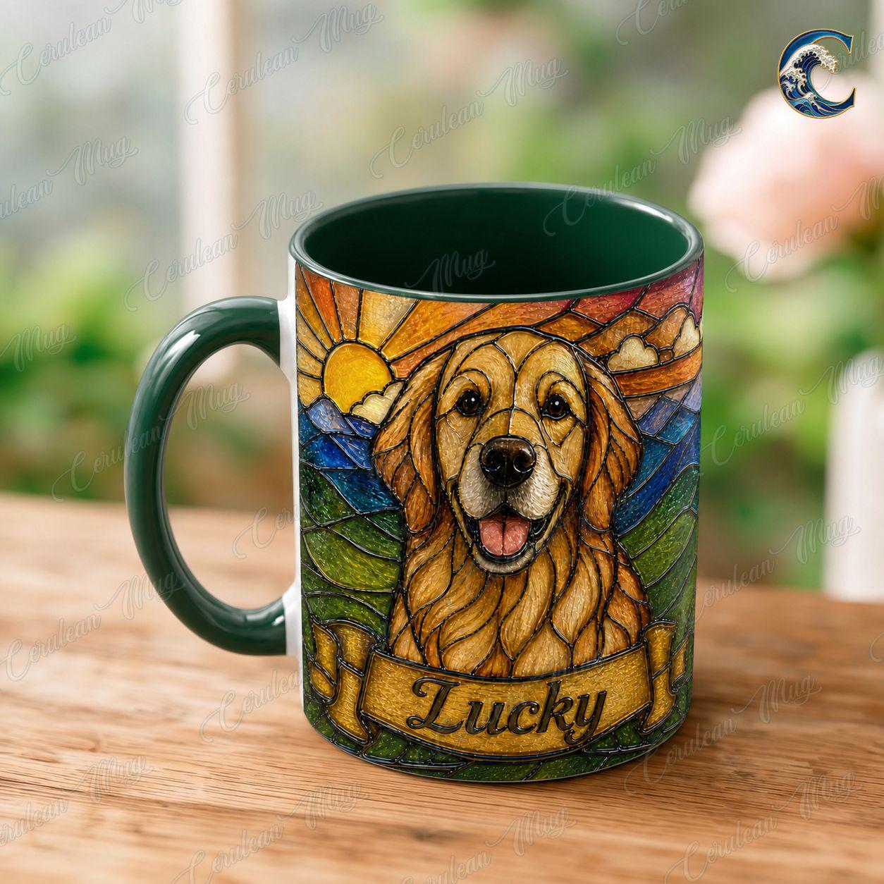 Personalized Dog Photo Name Mug, Retriever Stained Glass Coffee Mug, Dog Lover Stained Glass Mug, Pet Portrait Mug, Dog Breed Gift