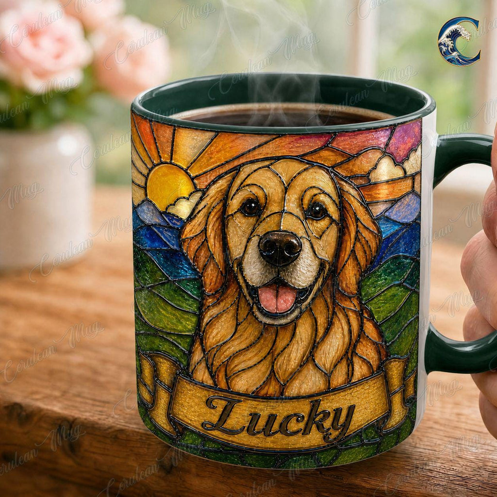 Personalized Dog Photo Name Mug, Retriever Stained Glass Coffee Mug, Dog Lover Stained Glass Mug, Pet Portrait Mug, Dog Breed Gift