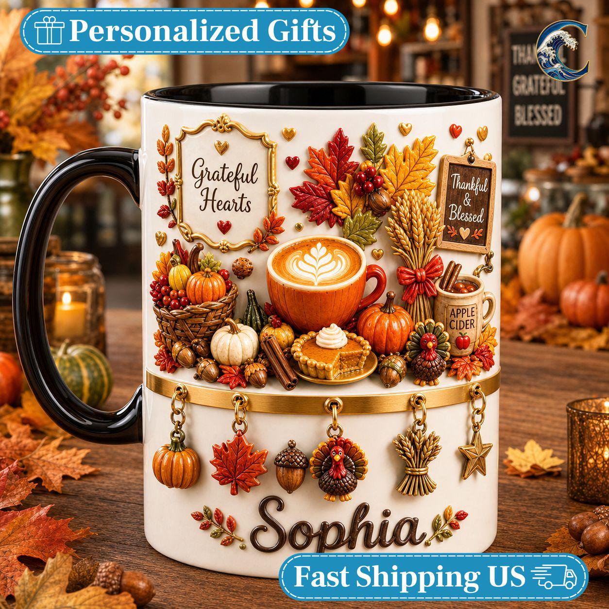 Personalized Grateful Hearts Mug, Thanksgiving Coffee Mug, Thankful Blessed Autumn Mug, Fall Season Mug, Gratitude Holiday Gift