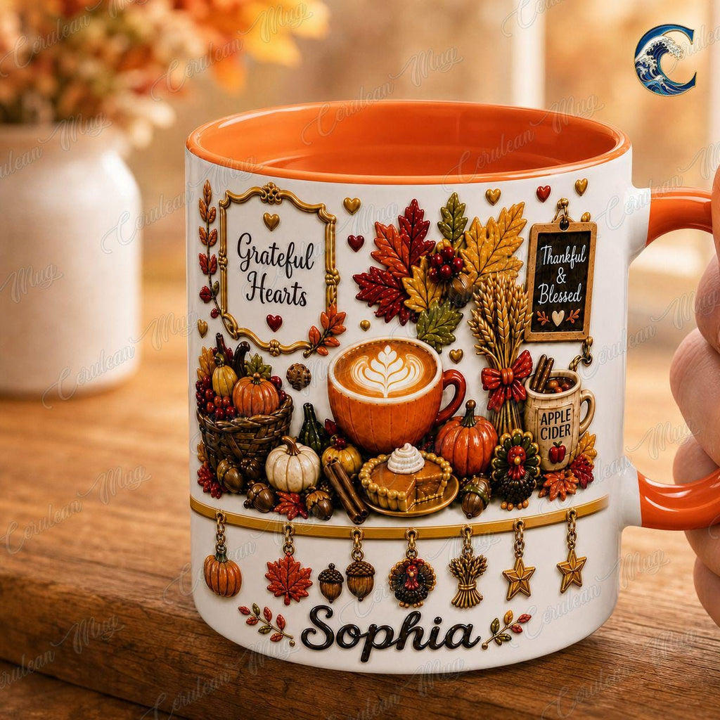 Personalized Grateful Hearts Mug, Thanksgiving Coffee Mug, Thankful Blessed Autumn Mug, Fall Season Mug, Gratitude Holiday Gift
