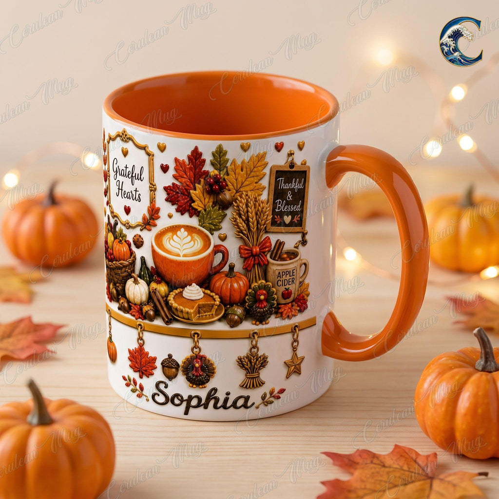 Personalized Grateful Hearts Mug, Thanksgiving Coffee Mug, Thankful Blessed Autumn Mug, Fall Season Mug, Gratitude Holiday Gift