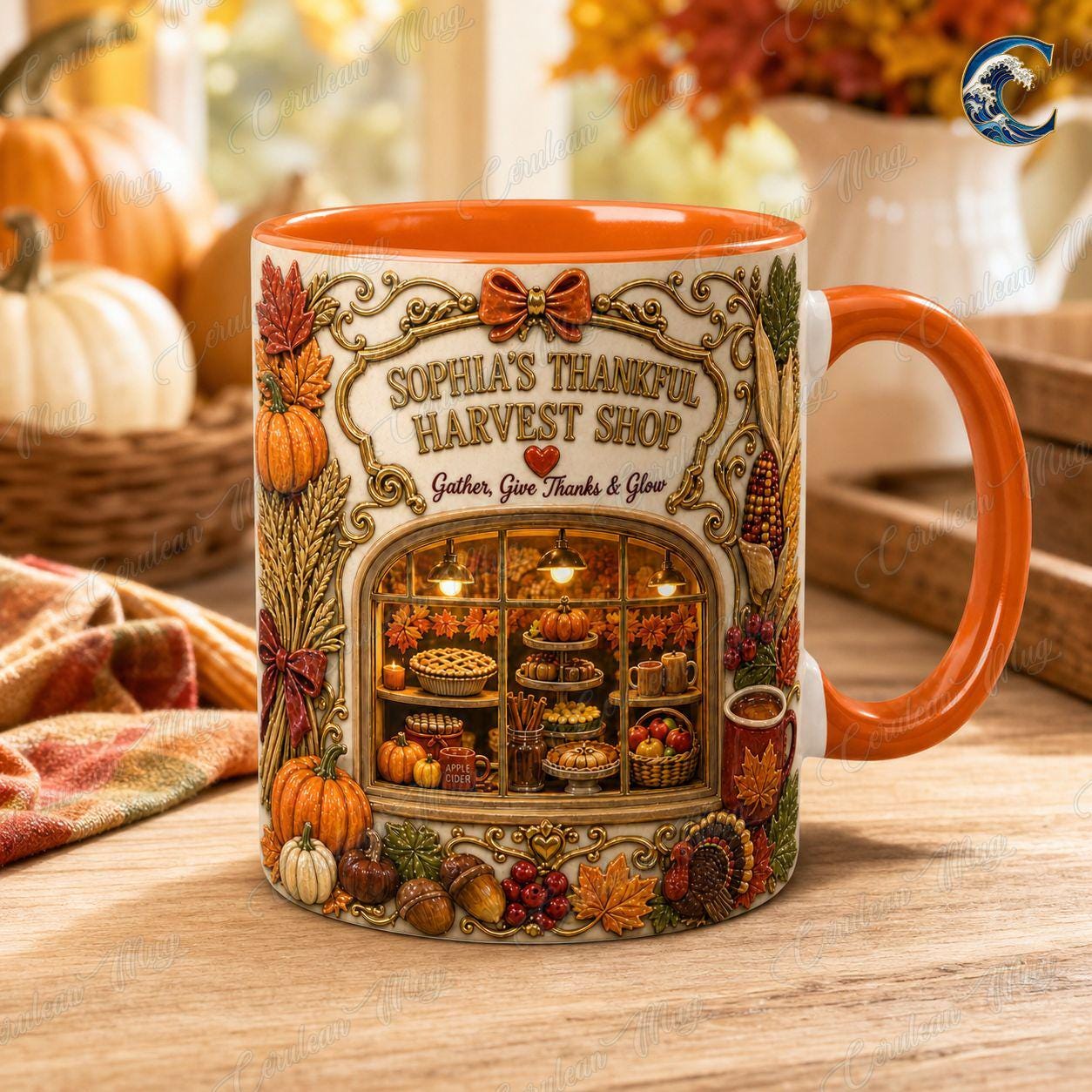 Personalize Harvest Shop Thanksgiving Mug, Thanksgiving Pies Coffee Mug, Fall Bakery Mug, Autumn Farmstand Mug, Gather Give Thanks Gift
