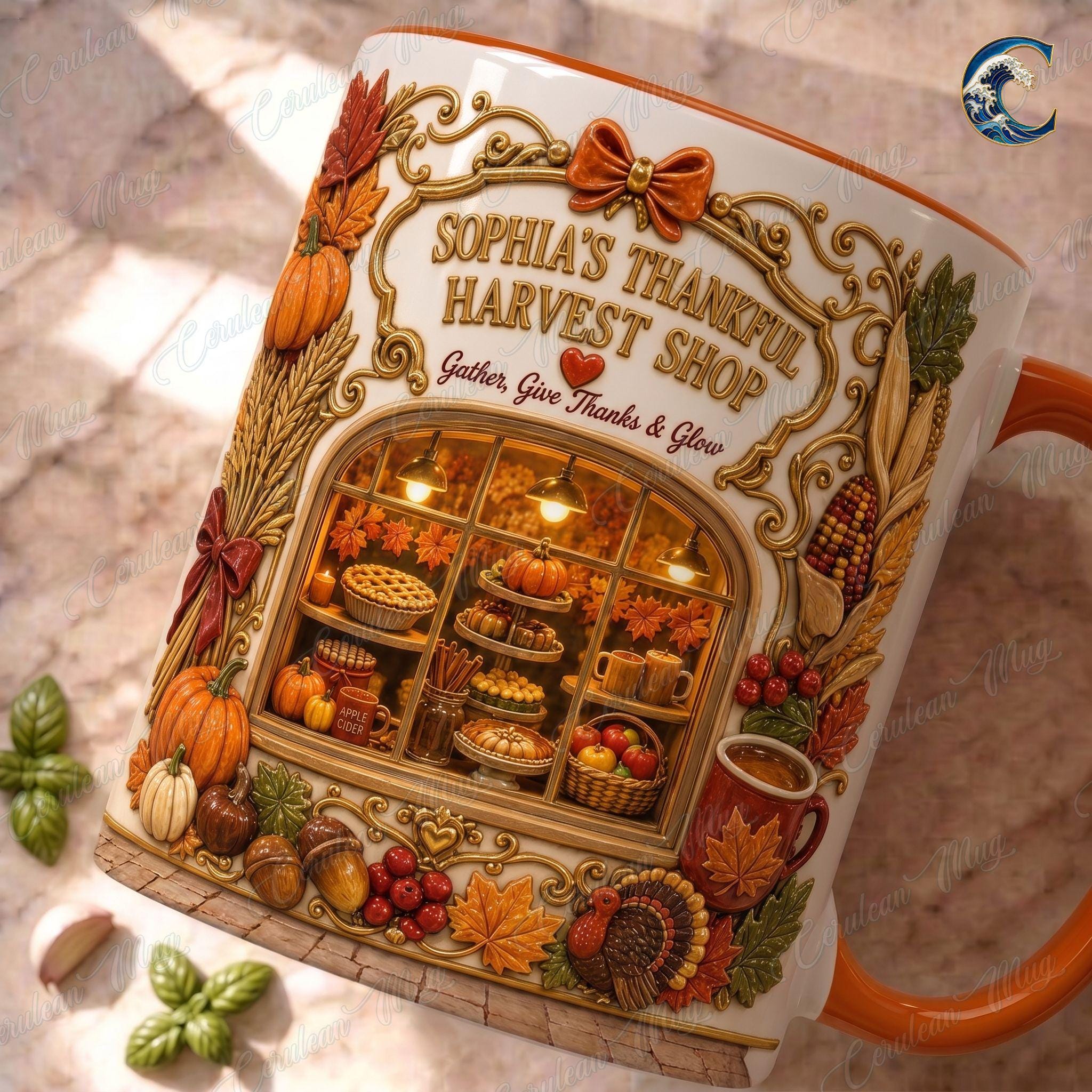 Personalize Harvest Shop Thanksgiving Mug, Thanksgiving Pies Coffee Mug, Fall Bakery Mug, Autumn Farmstand Mug, Gather Give Thanks Gift