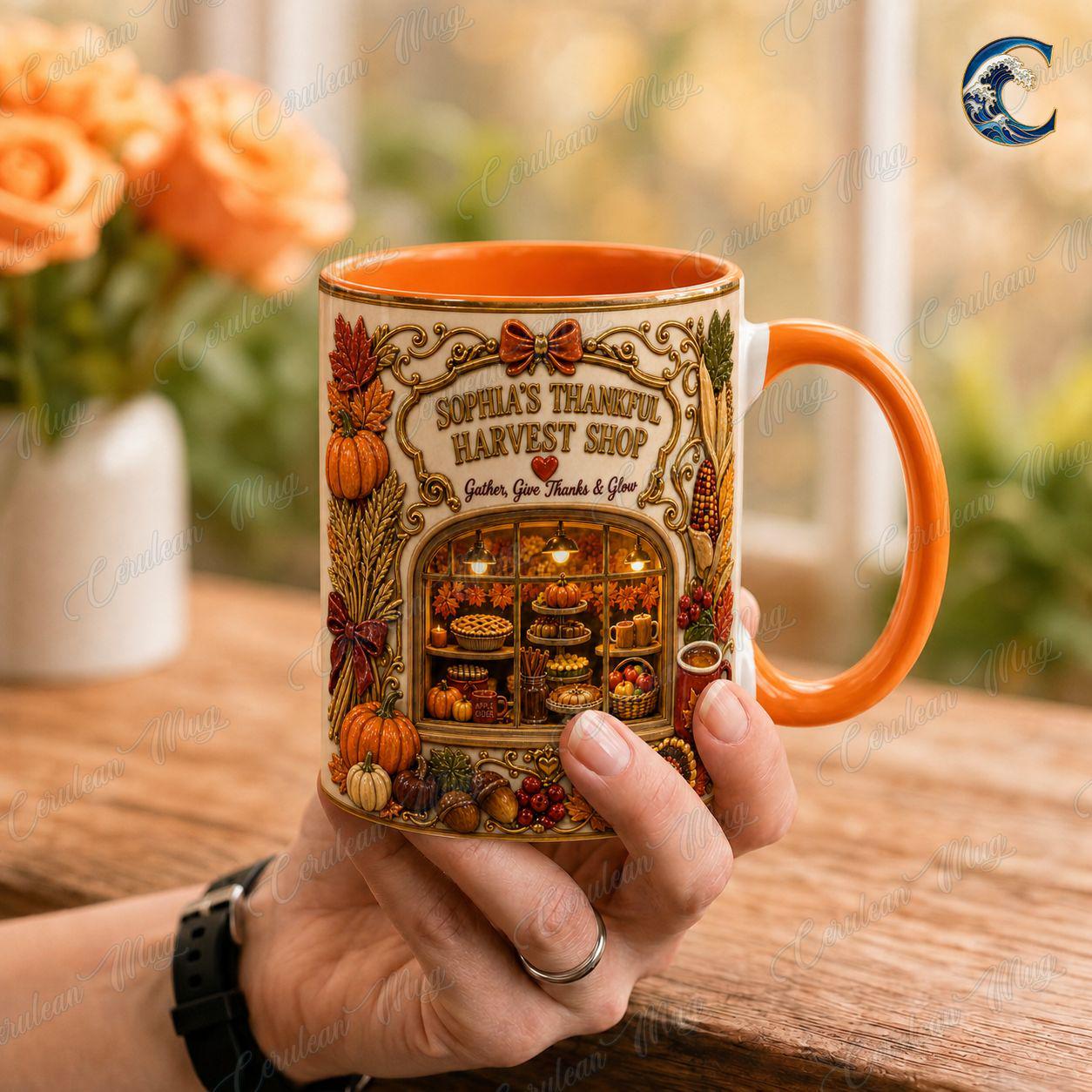 Personalize Harvest Shop Thanksgiving Mug, Thanksgiving Pies Coffee Mug, Fall Bakery Mug, Autumn Farmstand Mug, Gather Give Thanks Gift