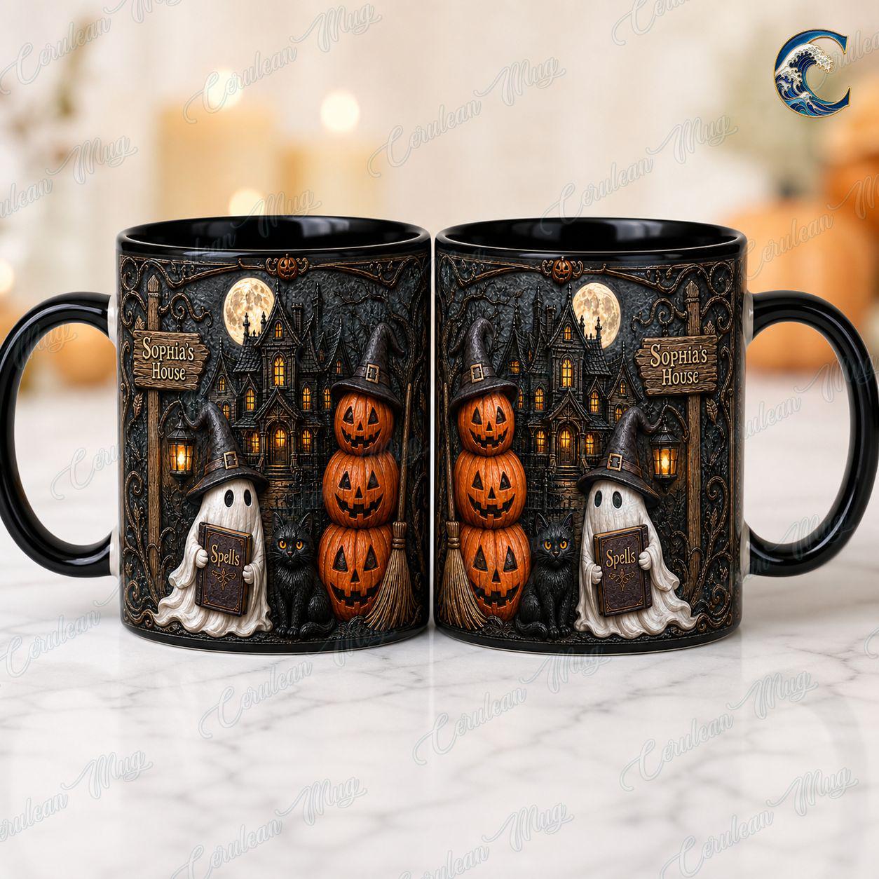 Personalized Haunted House Name Mug, Spell Book Ghost Coffee Mug, Black Cat Witch Hat Mug, Stacked Pumpkin Mug, Halloween Gift