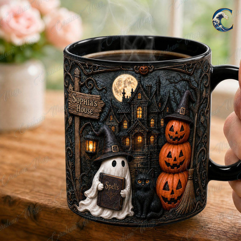Personalized Haunted House Name Mug, Spell Book Ghost Coffee Mug, Black Cat Witch Hat Mug, Stacked Pumpkin Mug, Halloween Gift
