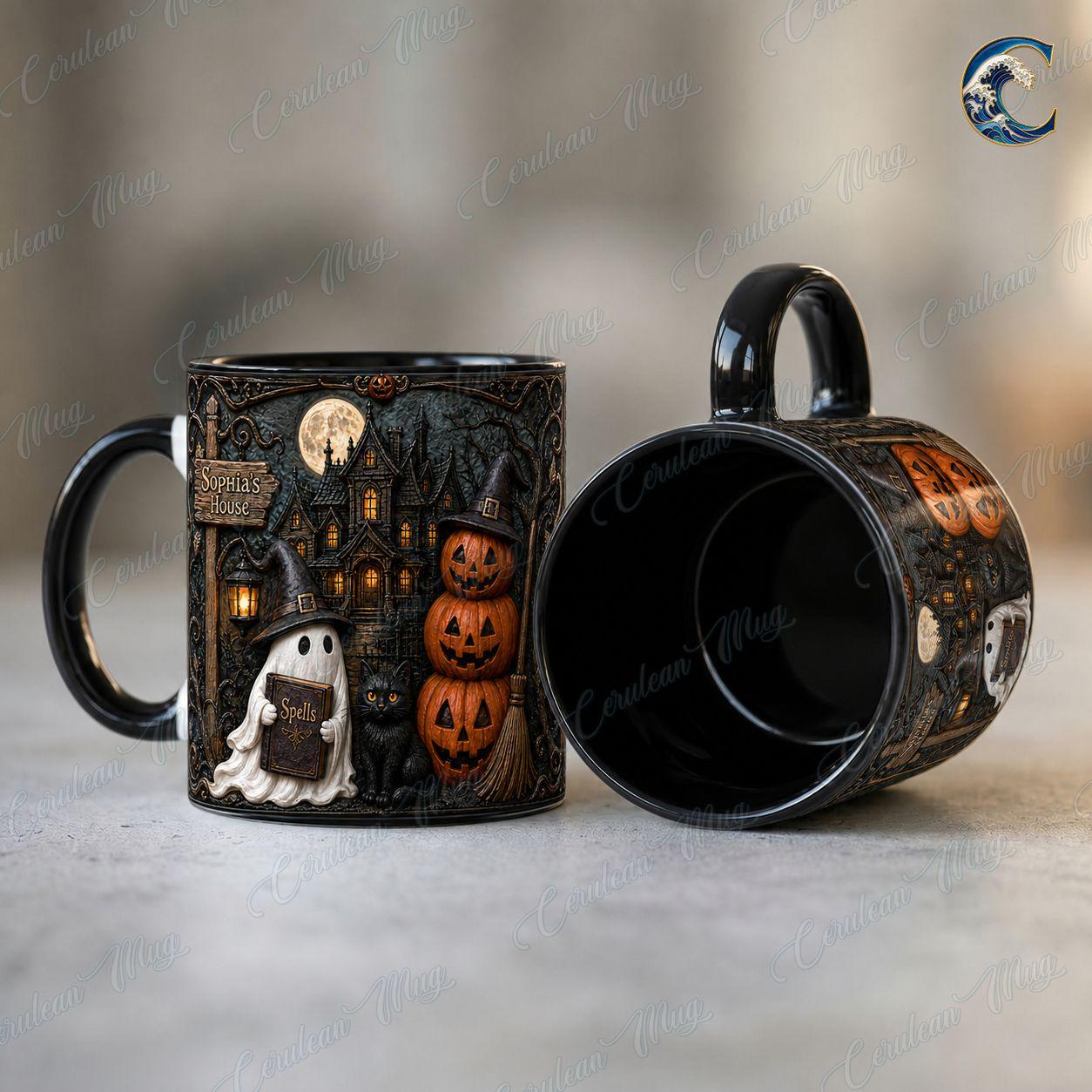 Personalized Haunted House Name Mug, Spell Book Ghost Coffee Mug, Black Cat Witch Hat Mug, Stacked Pumpkin Mug, Halloween Gift