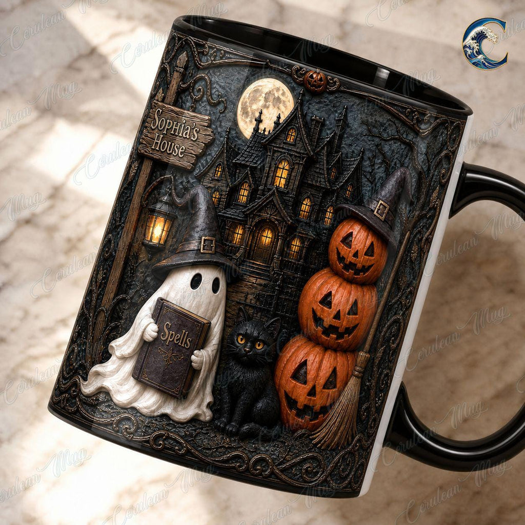 Personalized Haunted House Name Mug, Spell Book Ghost Coffee Mug, Black Cat Witch Hat Mug, Stacked Pumpkin Mug, Halloween Gift