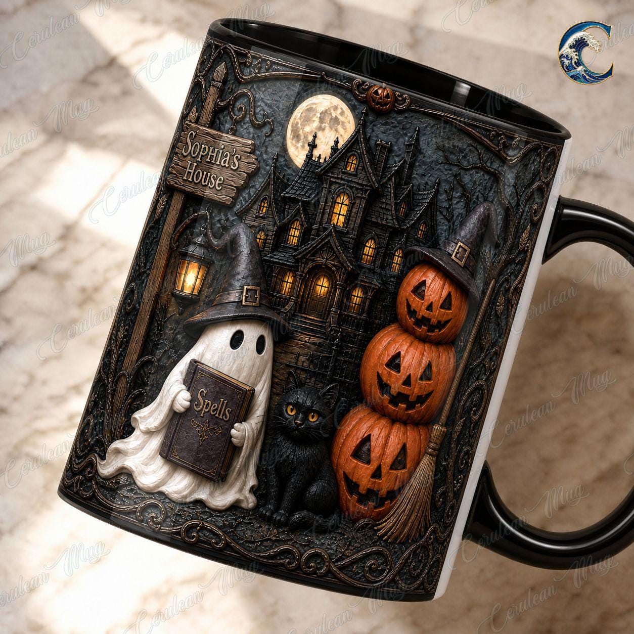Personalized Haunted House Name Mug, Spell Book Ghost Coffee Mug, Black Cat Witch Hat Mug, Stacked Pumpkin Mug, Halloween Gift