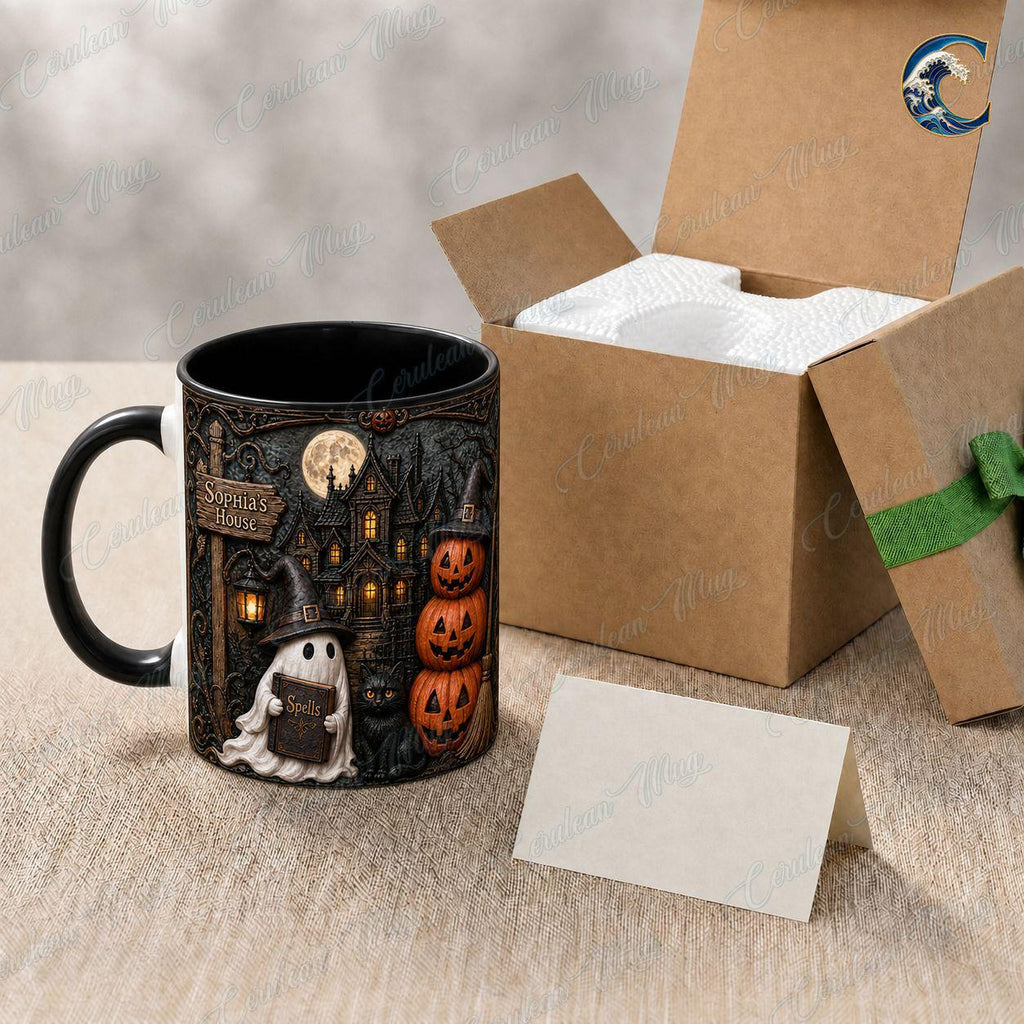 Personalized Haunted House Name Mug, Spell Book Ghost Coffee Mug, Black Cat Witch Hat Mug, Stacked Pumpkin Mug, Halloween Gift