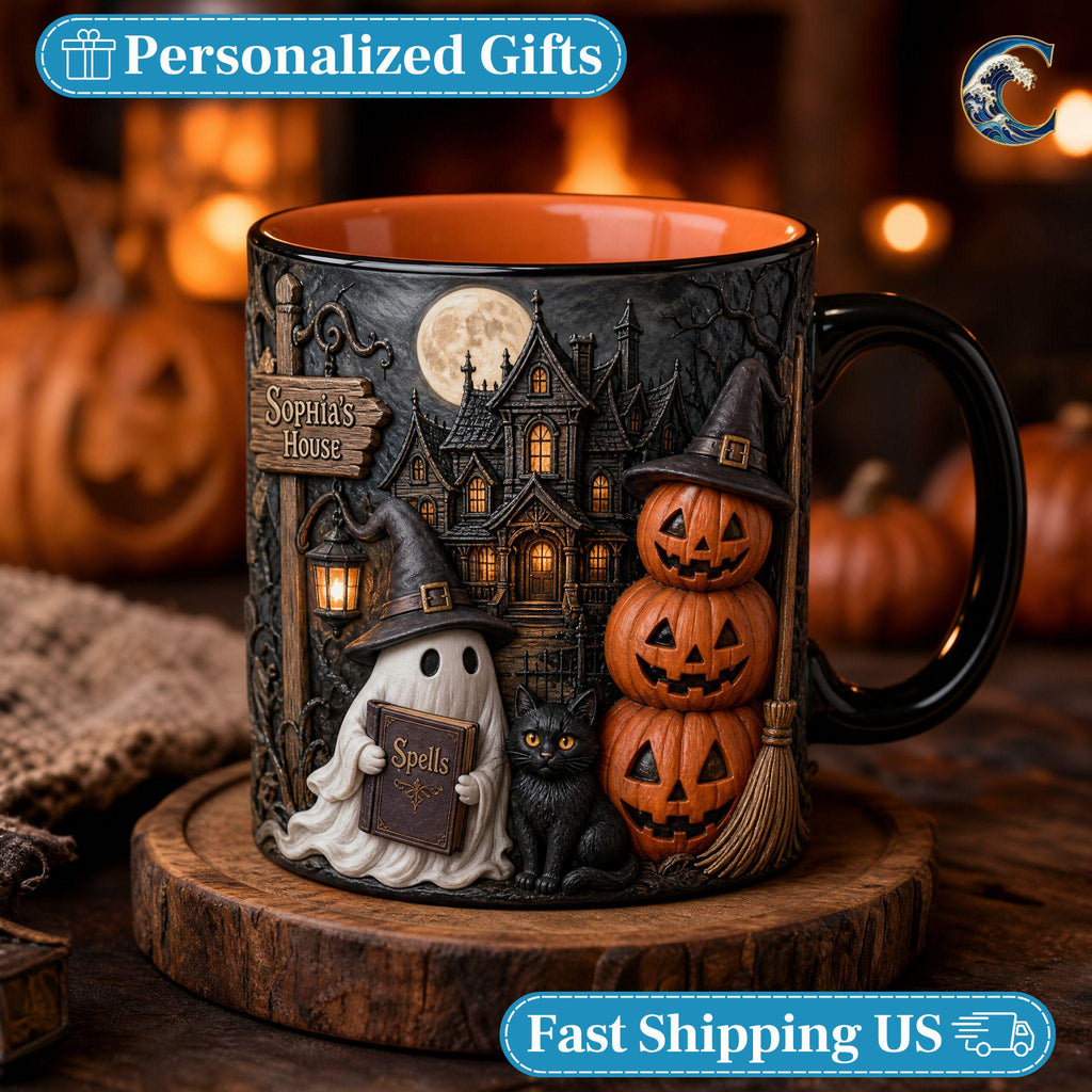 Personalized Haunted House Name Mug, Spell Book Ghost Coffee Mug, Black Cat Witch Hat Mug, Stacked Pumpkin Mug, Halloween Gift