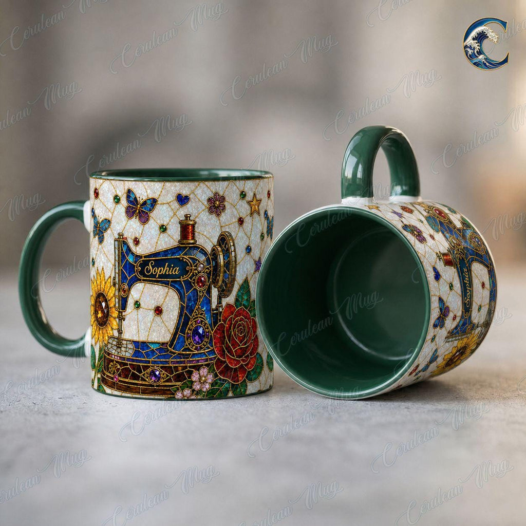 Personalized Sewing Machine Mug, Custom Name Coffee Mug, Stained Glass Floral Mug, Quilter Sewing Lover Mug, Seamstress Gift