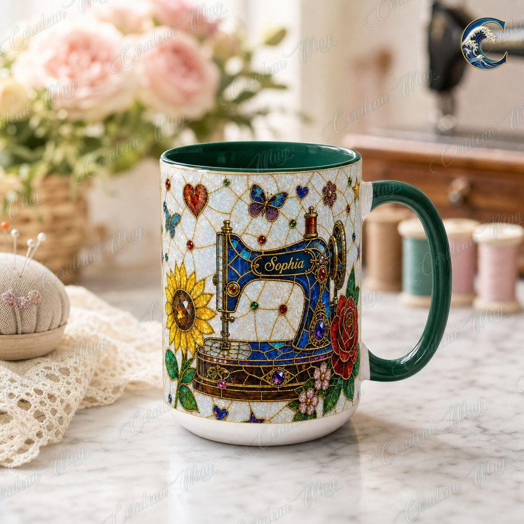 Personalized Sewing Machine Mug, Custom Name Coffee Mug, Stained Glass Floral Mug, Quilter Sewing Lover Mug, Seamstress Gift
