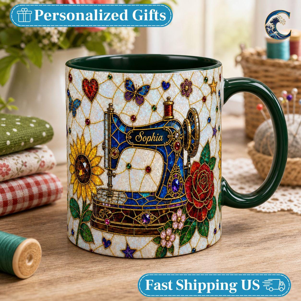 Personalized Sewing Machine Mug, Custom Name Coffee Mug, Stained Glass Floral Mug, Quilter Sewing Lover Mug, Seamstress Gift