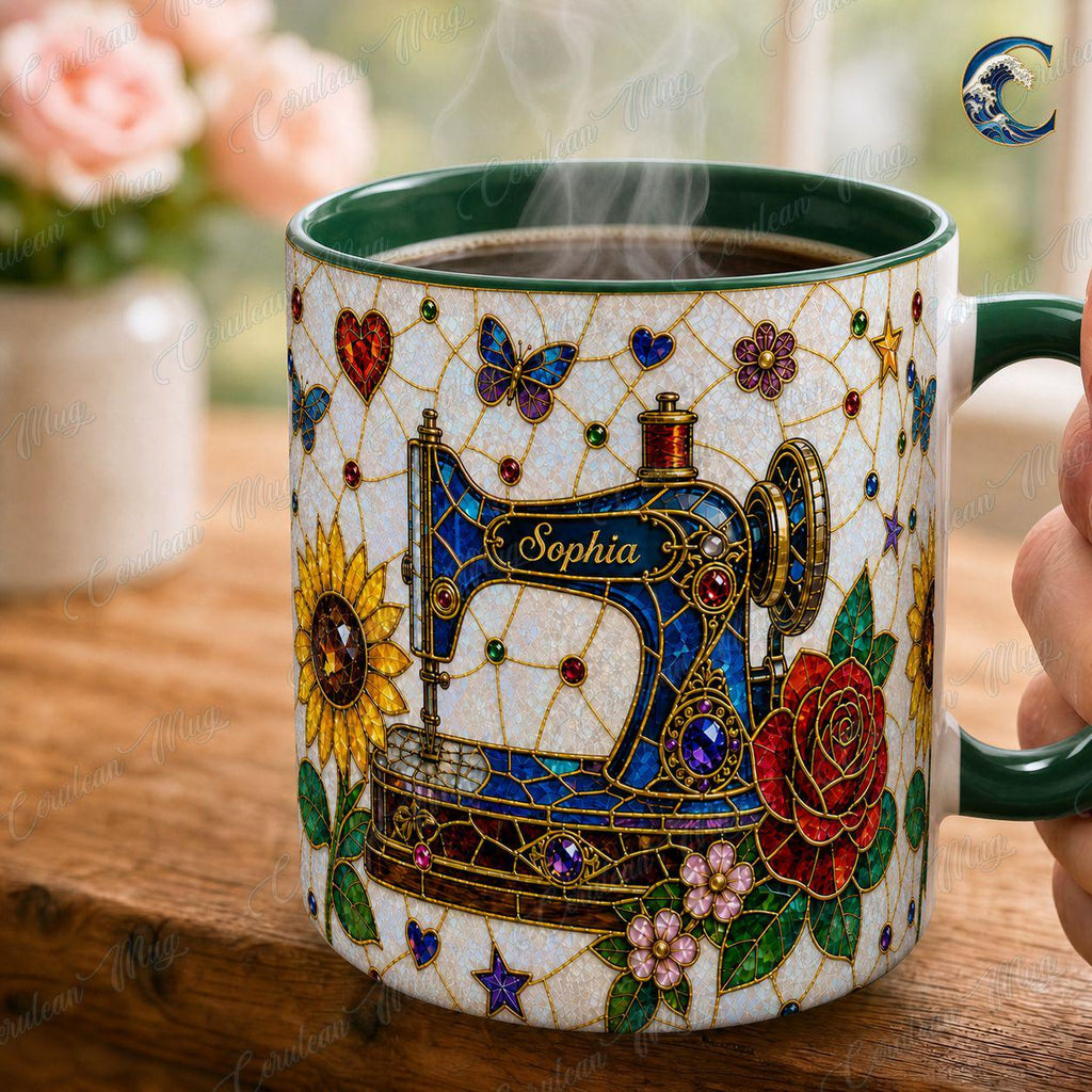 Personalized Sewing Machine Mug, Custom Name Coffee Mug, Stained Glass Floral Mug, Quilter Sewing Lover Mug, Seamstress Gift