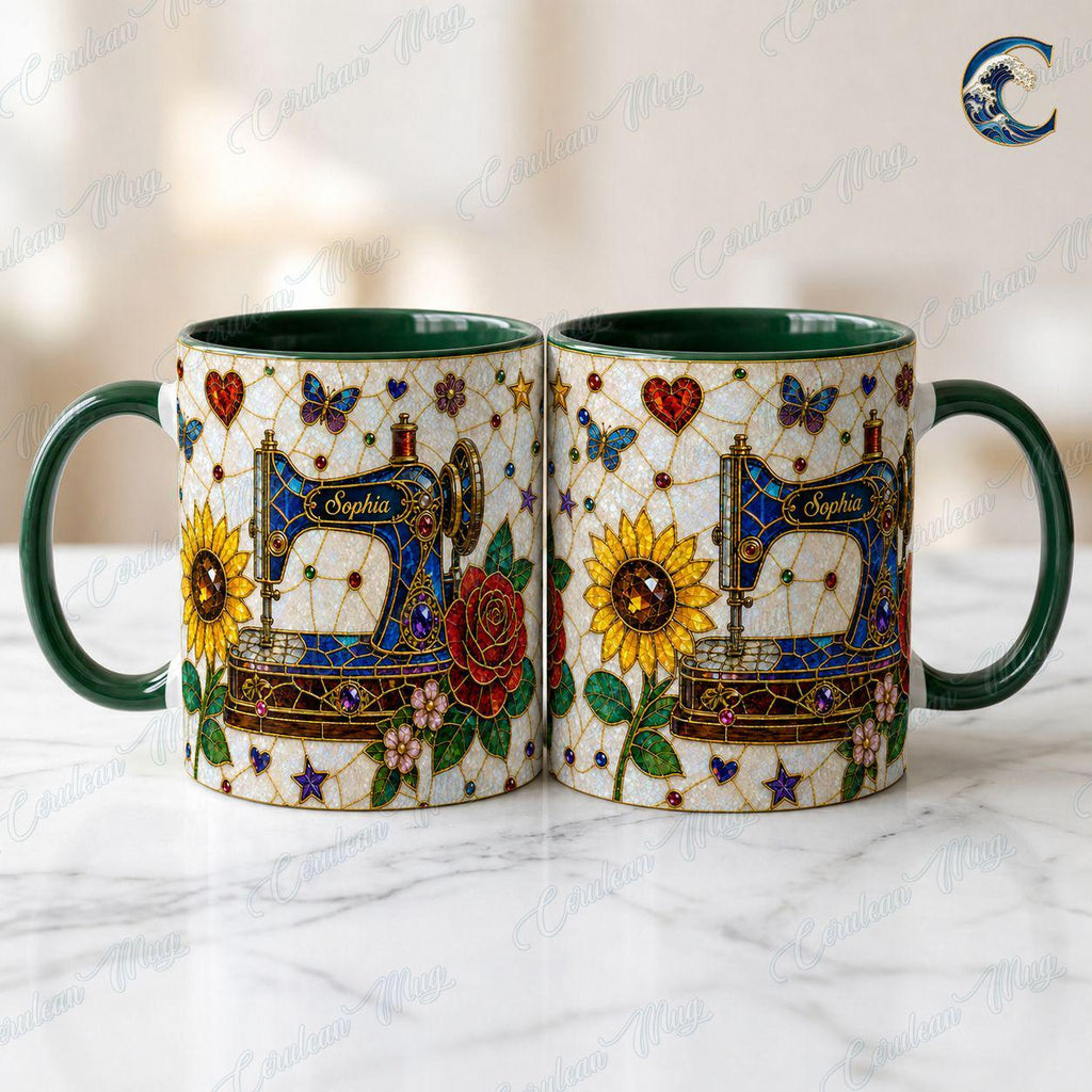 Personalized Sewing Machine Mug, Custom Name Coffee Mug, Stained Glass Floral Mug, Quilter Sewing Lover Mug, Seamstress Gift
