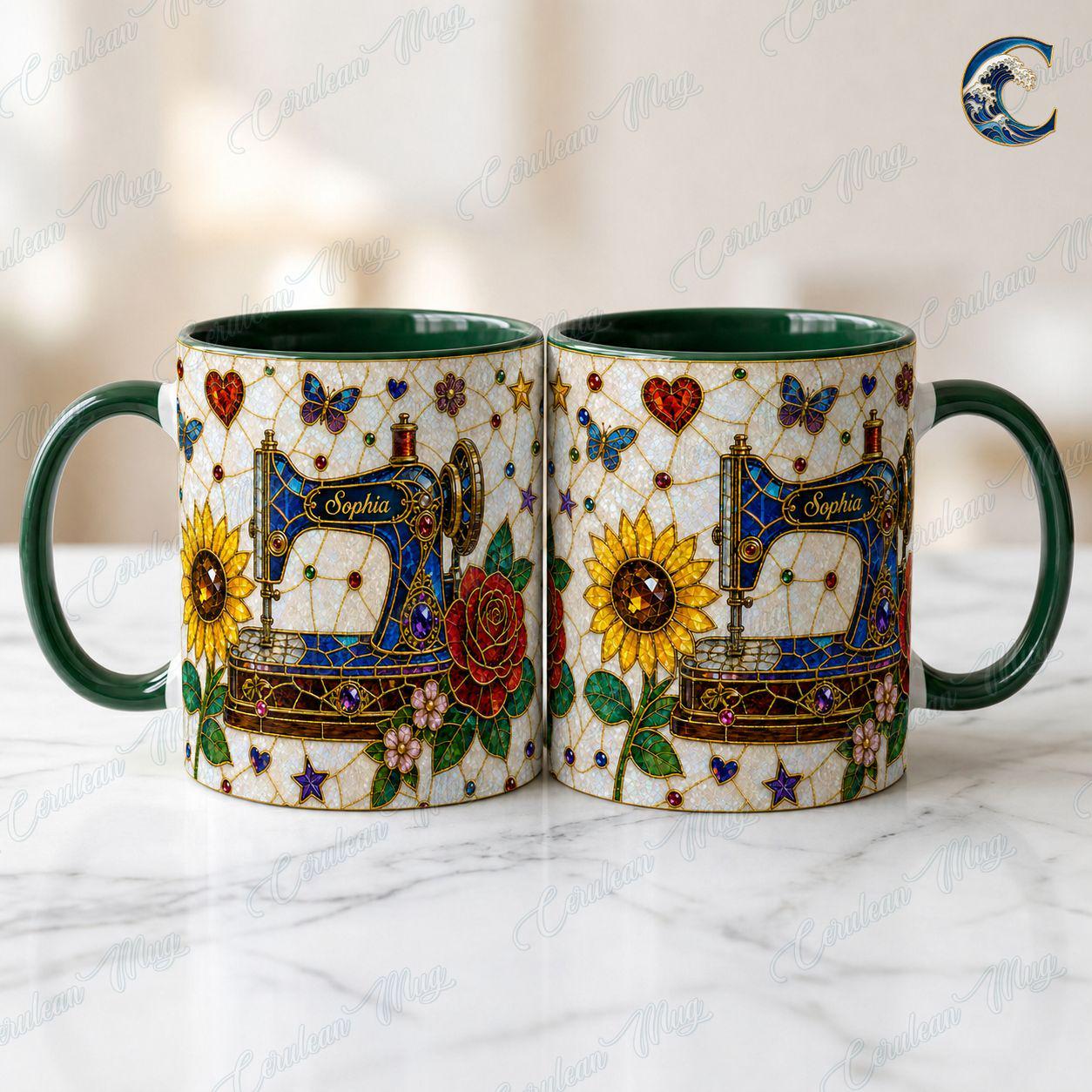 Personalized Sewing Machine Mug, Custom Name Coffee Mug, Stained Glass Floral Mug, Quilter Sewing Lover Mug, Seamstress Gift