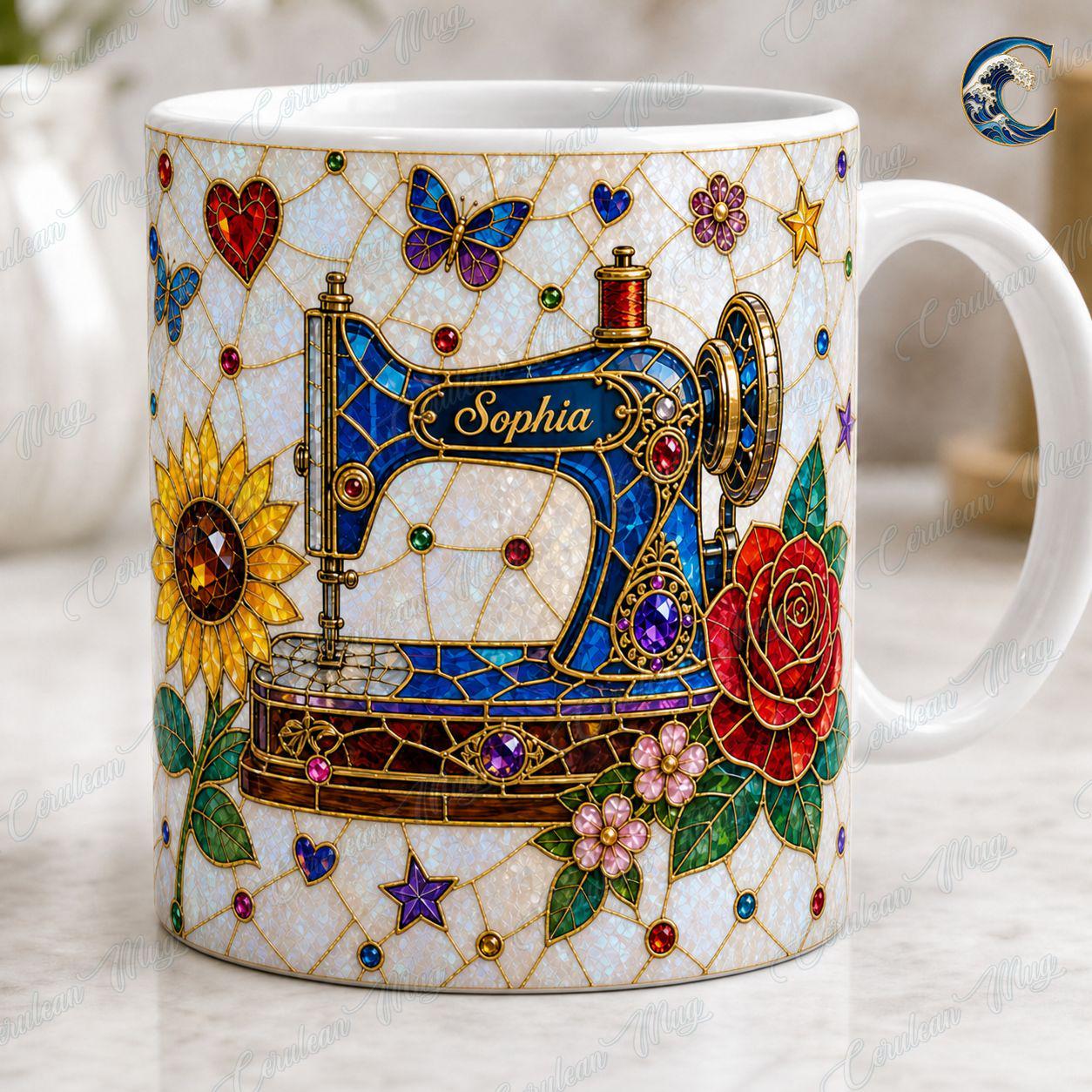 Personalized Sewing Machine Mug, Custom Name Coffee Mug, Stained Glass Floral Mug, Quilter Sewing Lover Mug, Seamstress Gift