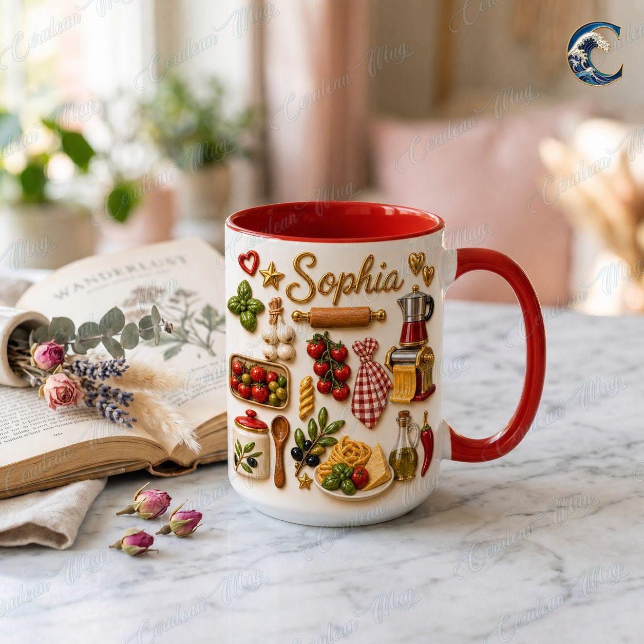 Custom Garden Herbs Cooking Mug, Personalized Italian Vegetables Coffee Mug, Chef Gift Mug, Fresh Produce Mug, Vacation Beach Gift