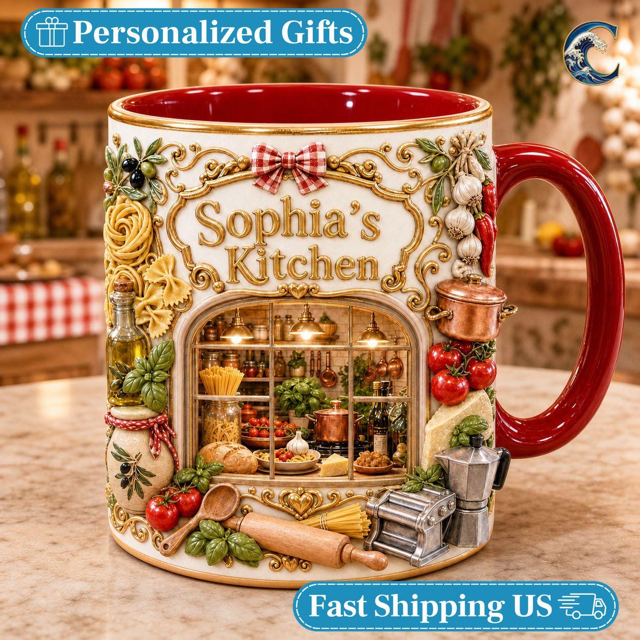 Personalized Kitchen Shelf Mug, Vintage Chef Design Coffee Mug, Cooking Lover Mug, Decorative Home Decor Mug, Vintage Kitchen Gift