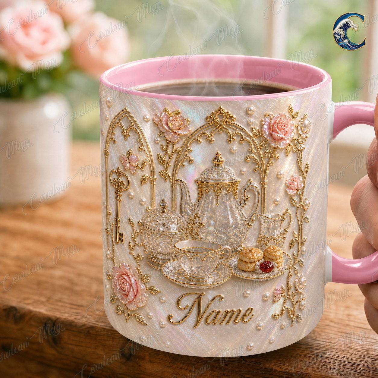 Personalized Elegant Tea Mug, Luxury Teapot Pearl Coffee Mug, Rose Gold Design Mug, Luxury Tea Lover Mug, Vintage Teacup Gift