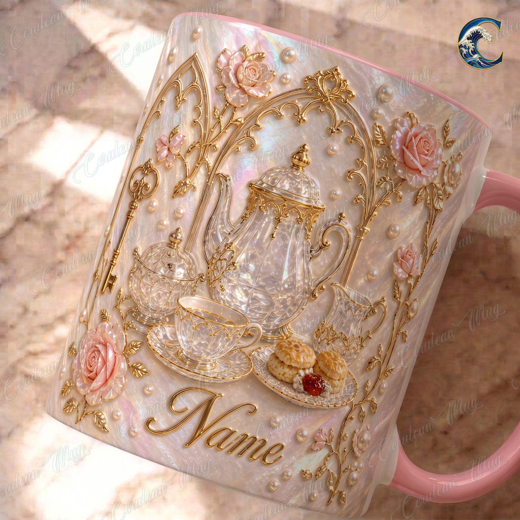 Personalized Elegant Tea Mug, Luxury Teapot Pearl Coffee Mug, Rose Gold Design Mug, Luxury Tea Lover Mug, Vintage Teacup Gift