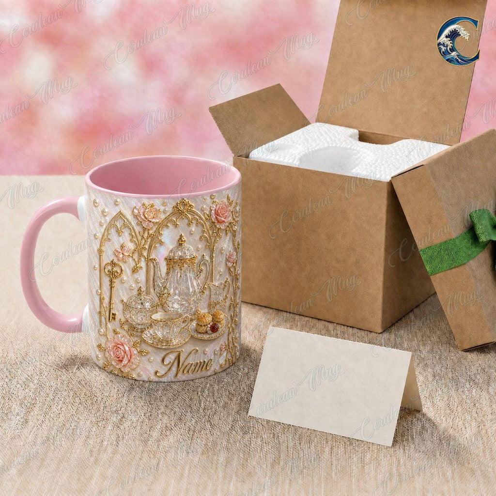Personalized Elegant Tea Mug, Luxury Teapot Pearl Coffee Mug, Rose Gold Design Mug, Luxury Tea Lover Mug, Vintage Teacup Gift