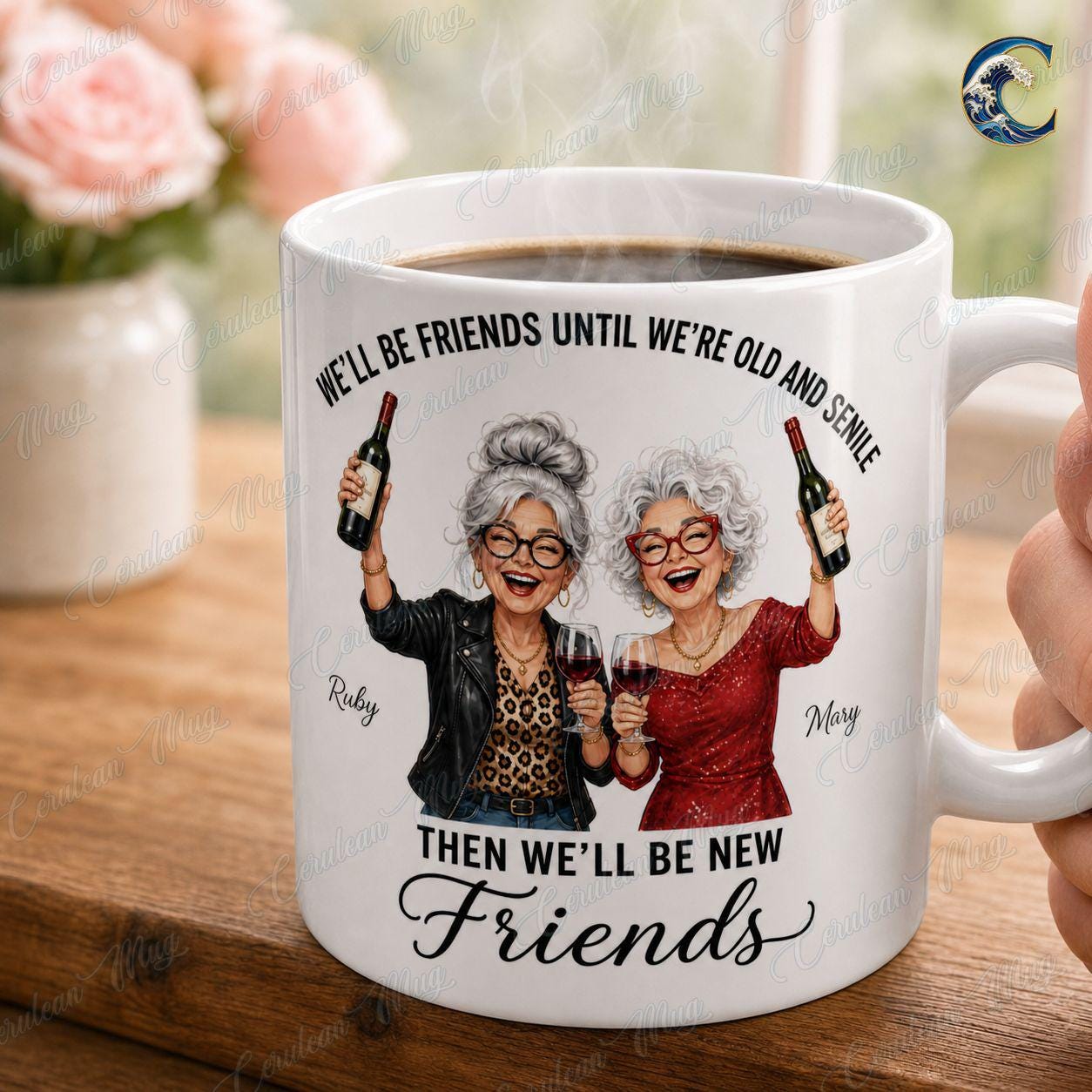 Personalized Best Friend Mug, Funny Wine Lover Coffee Mug, Old And Senile Mug, Custom Name Bestie Friends Mug, Best Friend Gift
