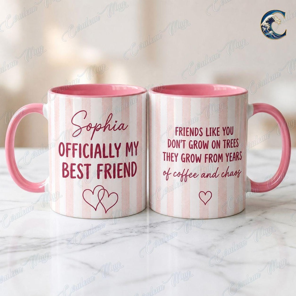Personalized Officially My Best Friend Mug, Custom Name Coffee Mug, Coffee And Chaos Mug, Pink Heart Bestie Mug, Best Friend Gift