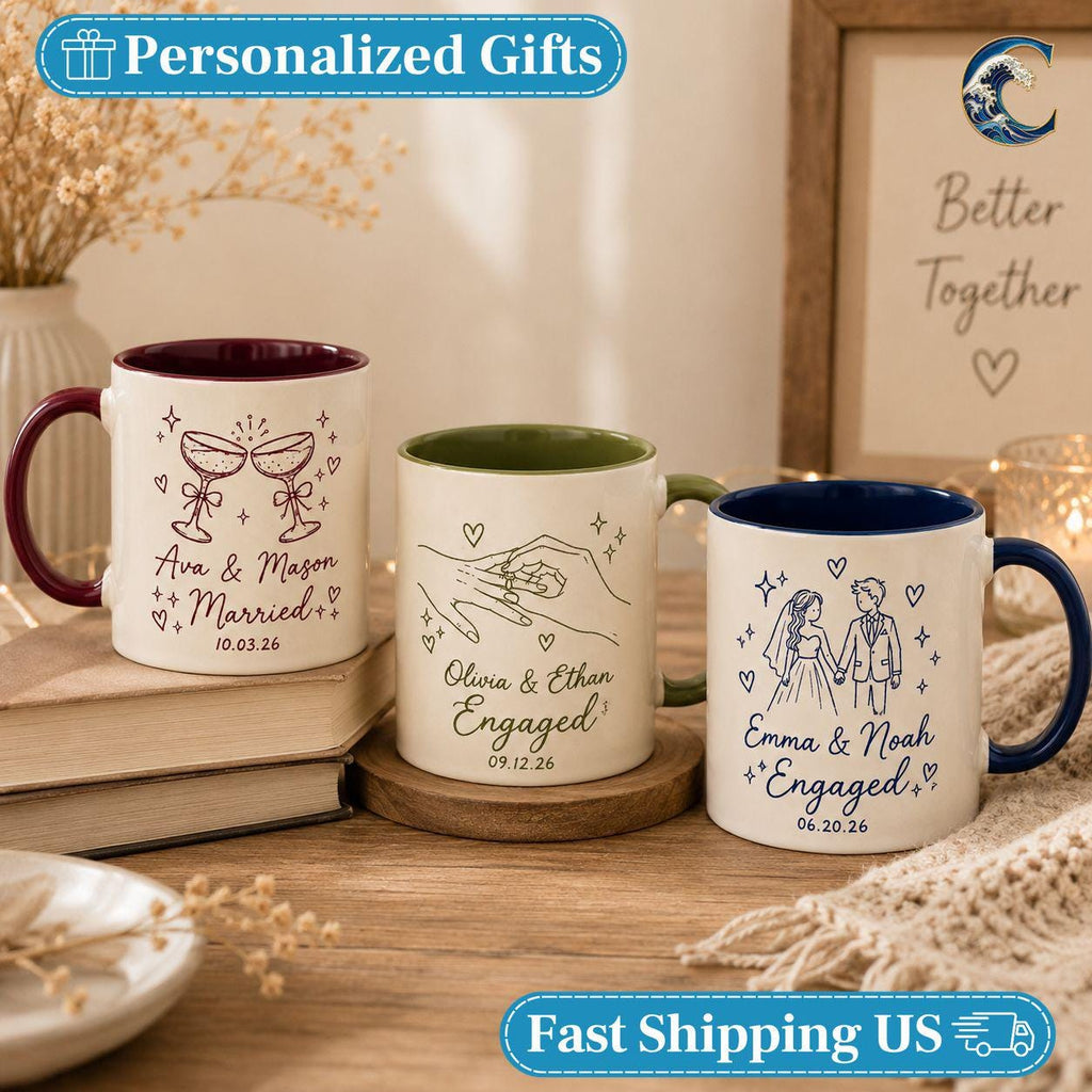 Personalized Wedding Engaged Mug, Custom Couple Coffee Mug, Married Couple Mug, Wedding Date Name Mug, Engagement Party Gift