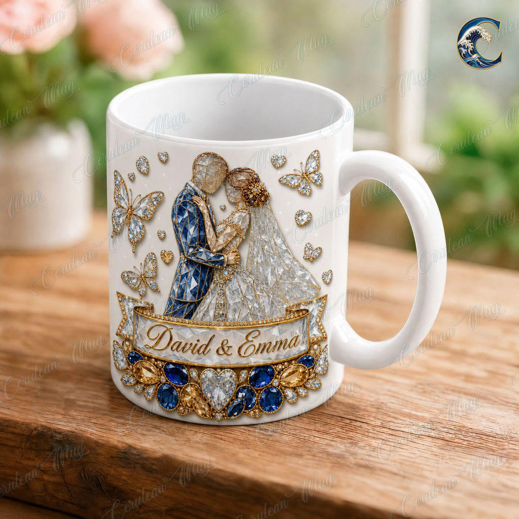 Personalized Bride Groom Wedding Celebration Mug, Wedding Coffee Mug, Engagement Diamonds Jewels Mug, Anniversary Love Mug, Engagement Gift