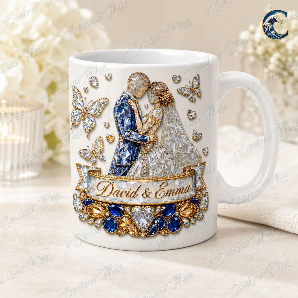 Personalized Bride Groom Wedding Celebration Mug, Wedding Coffee Mug, Engagement Diamonds Jewels Mug, Anniversary Love Mug, Engagement Gift
