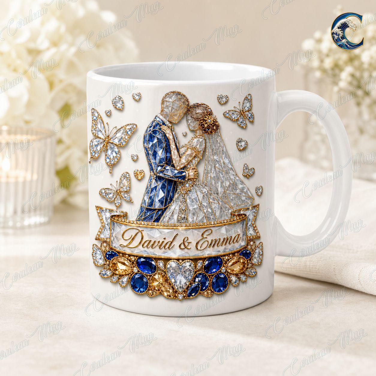 Personalized Bride Groom Wedding Celebration Mug, Wedding Coffee Mug, Engagement Diamonds Jewels Mug, Anniversary Love Mug, Engagement Gift
