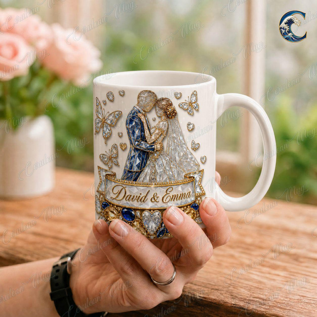 Personalized Bride Groom Wedding Celebration Mug, Wedding Coffee Mug, Engagement Diamonds Jewels Mug, Anniversary Love Mug, Engagement Gift