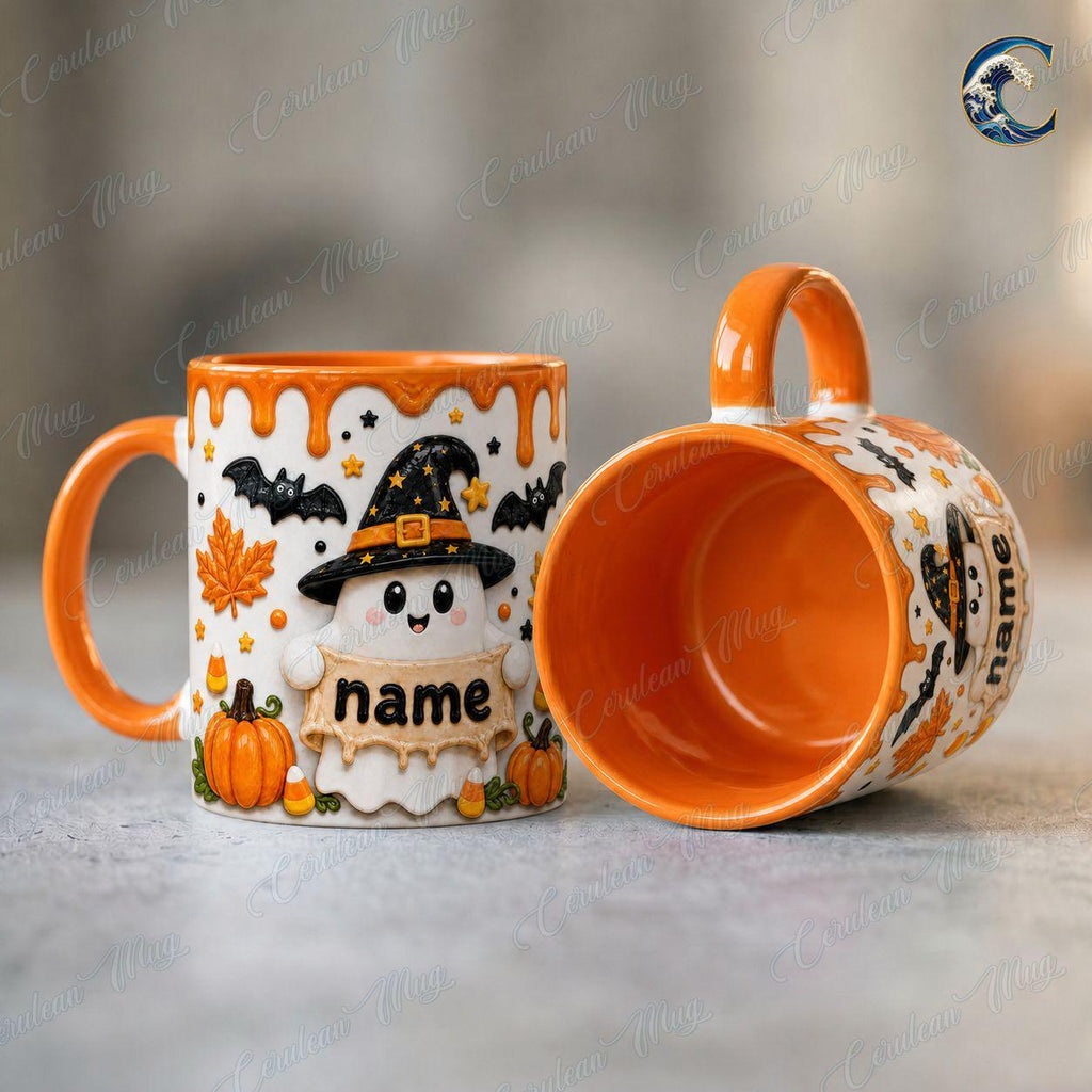 Personalized Halloween Ghost Mug, Custom Name Coffee Mug, Cute Witch Ghost Mug, Witch Hat Pumpkin Candy Mug, Halloween Party Gift